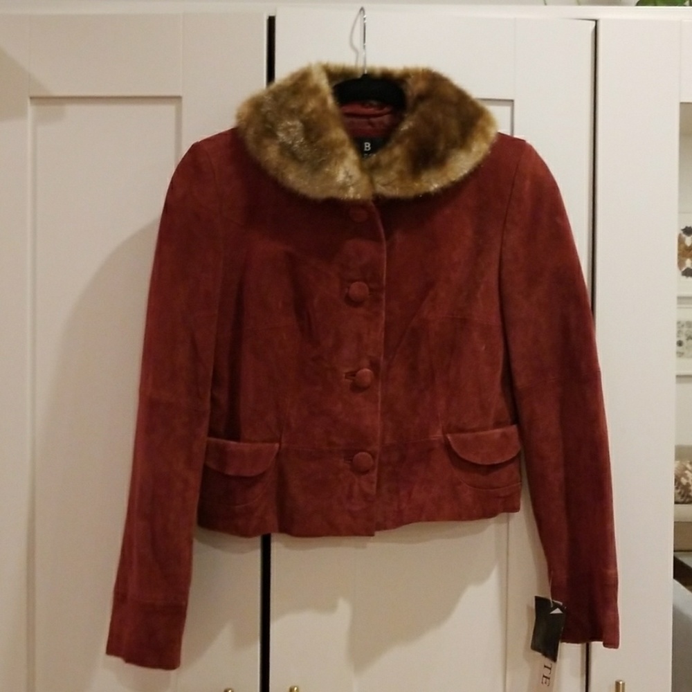 Vintage Brick Red Suede Faux Fur Collar Jacket Coat Burgundy Cropped New Unworn